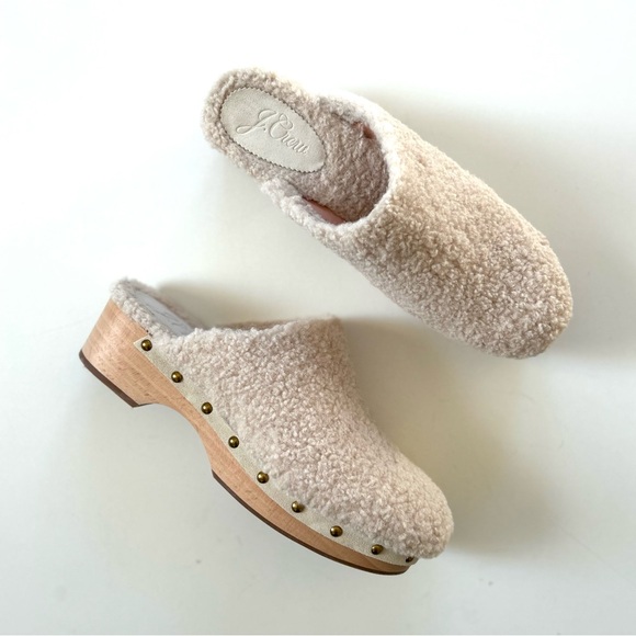 J. Crew Ivory White Sherpa Faux Fur Wood Platform Studded Slip-On Clogs - Picture 2 of 10